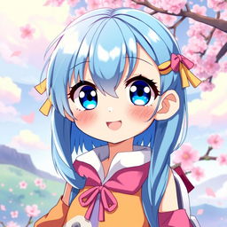 A vibrant digital illustration of a blue-haired anime girl, featuring large expressive eyes and a playful smile