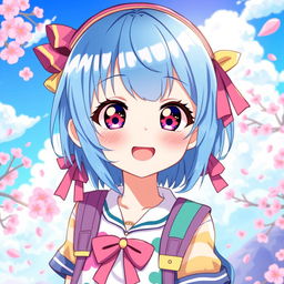 A vibrant digital illustration of a blue-haired anime girl, featuring large expressive eyes and a playful smile