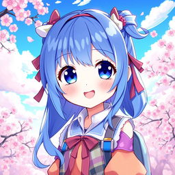 A vibrant digital illustration of a blue-haired anime girl, featuring large expressive eyes and a playful smile