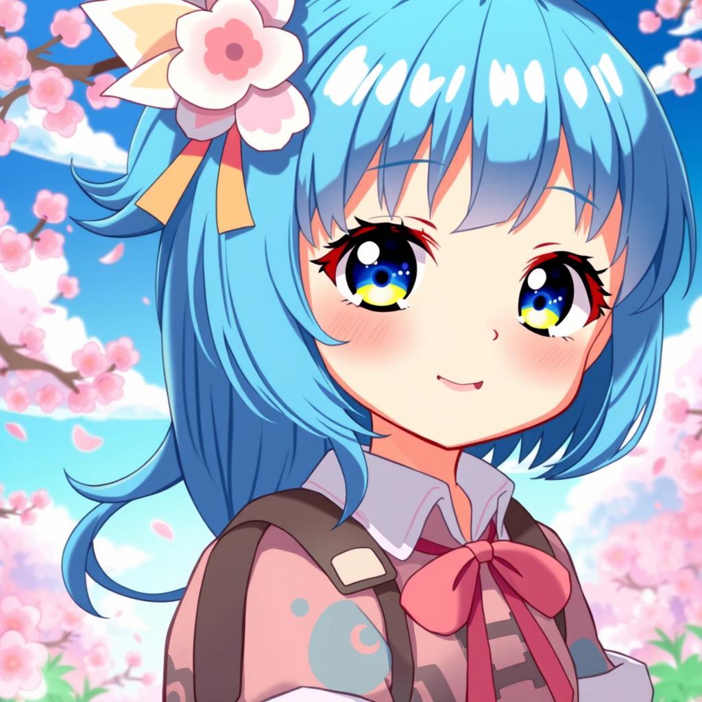 A vibrant digital illustration of a blue-haired anime girl, featuring large expressive eyes and a playful smile