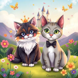 A whimsical and colorful illustration featuring two unique cat designs inspired by the images provided, integrated into a fantastical landscape