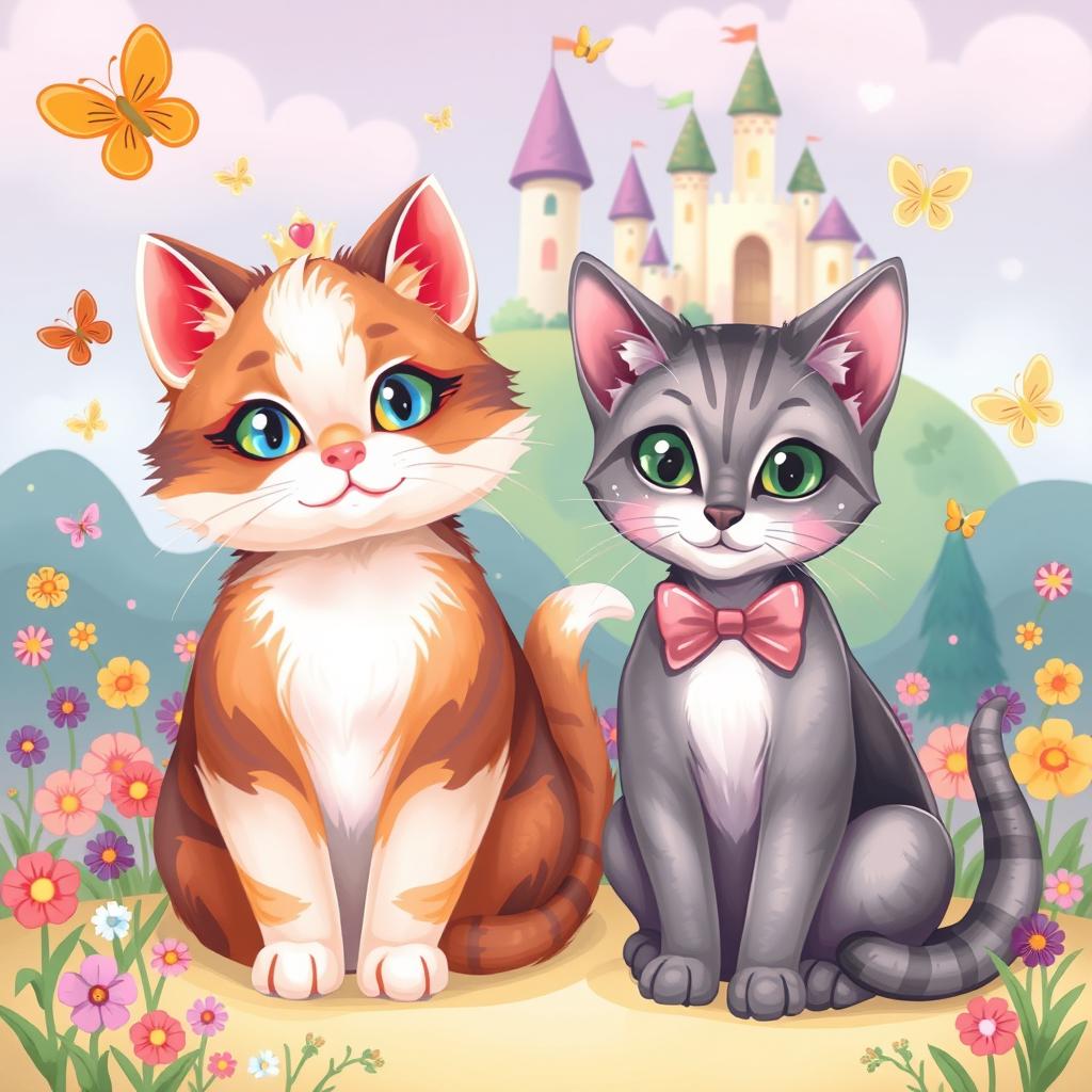 A whimsical and colorful illustration featuring two unique cat designs inspired by the images provided, integrated into a fantastical landscape