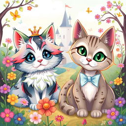 A whimsical and colorful illustration featuring two unique cat designs inspired by the images provided, integrated into a fantastical landscape