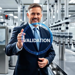 A well-suited corporate man holding a shiny blue digital circle that resembles a satellite pathway