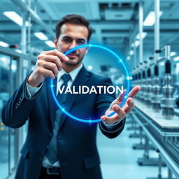 A well-suited corporate man holding a shiny blue digital circle that resembles a satellite pathway