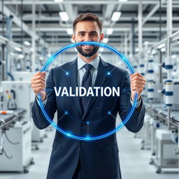 A well-suited corporate man holding a shiny blue digital circle that resembles a satellite pathway