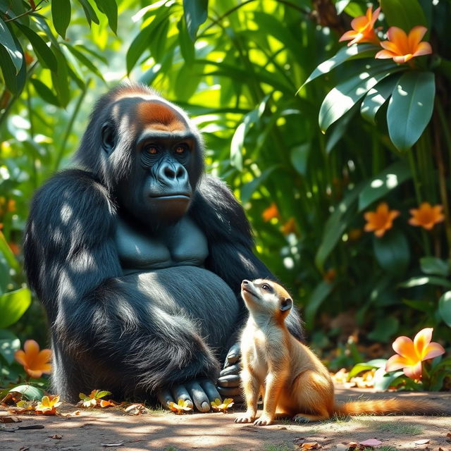 A majestic gorilla sitting peacefully in a lush, green jungle setting, surrounded by vibrant tropical foliage and colorful flowers