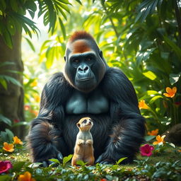 A majestic gorilla sitting peacefully in a lush, green jungle setting, surrounded by vibrant tropical foliage and colorful flowers