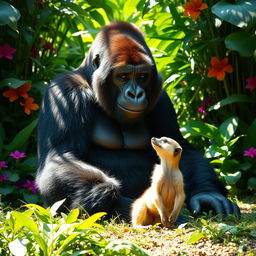 A majestic gorilla sitting peacefully in a lush, green jungle setting, surrounded by vibrant tropical foliage and colorful flowers