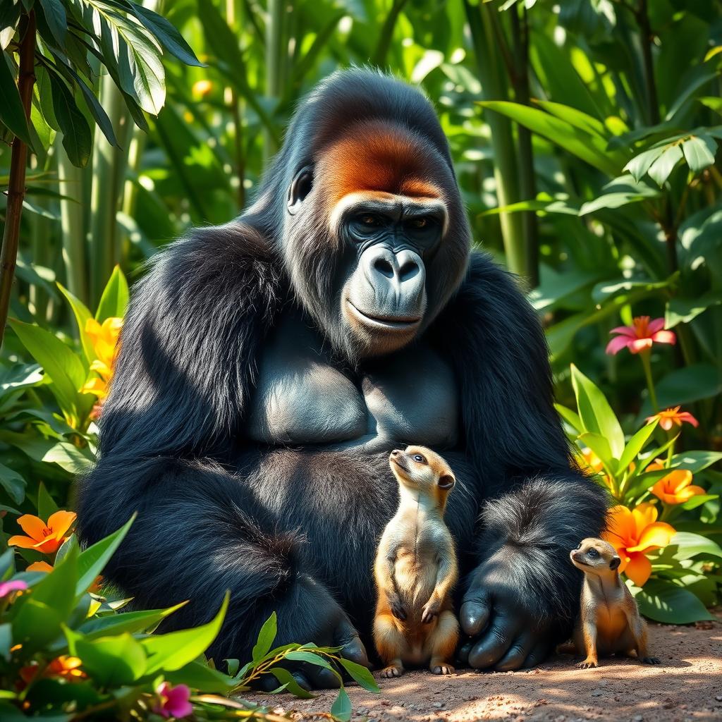 A majestic gorilla sitting peacefully in a lush, green jungle setting, surrounded by vibrant tropical foliage and colorful flowers