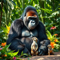 A majestic gorilla sitting peacefully in a lush, green jungle setting, surrounded by vibrant tropical foliage and colorful flowers