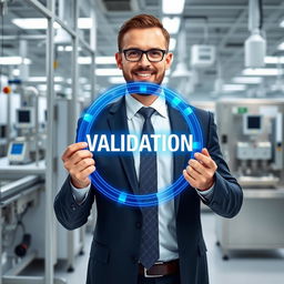 A well-suited corporate man confidently holding a shiny blue digital circle that resembles a satellite pathway, featuring the word 'VALIDATION' prominently displayed within the circle