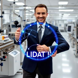 A well-suited corporate man confidently holding a shiny blue digital circle that resembles a satellite pathway, featuring the word 'VALIDATION' prominently displayed within the circle