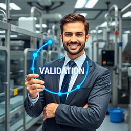 A well-suited corporate man confidently holding a shiny blue digital circle that resembles a satellite pathway, featuring the word 'VALIDATION' prominently displayed within the circle