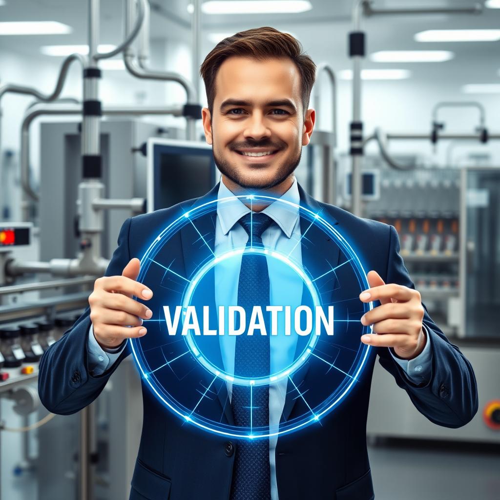 A well-suited corporate man confidently holding a shiny blue digital circle that resembles a satellite pathway, featuring the word 'VALIDATION' prominently displayed within the circle