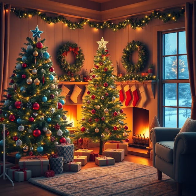 A beautifully decorated Christmas scene featuring a cozy living room adorned with twinkling fairy lights, a large Christmas tree filled with colorful ornaments and a star on top, wrapped gifts underneath the tree