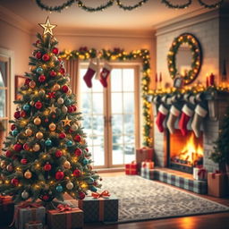 A beautifully decorated Christmas scene featuring a cozy living room adorned with twinkling fairy lights, a large Christmas tree filled with colorful ornaments and a star on top, wrapped gifts underneath the tree