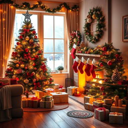 A beautifully decorated Christmas scene featuring a cozy living room adorned with twinkling fairy lights, a large Christmas tree filled with colorful ornaments and a star on top, wrapped gifts underneath the tree