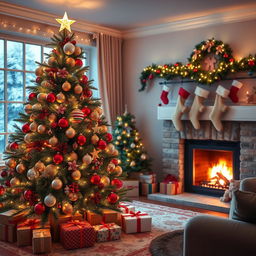 A beautifully decorated Christmas scene featuring a cozy living room adorned with twinkling fairy lights, a large Christmas tree filled with colorful ornaments and a star on top, wrapped gifts underneath the tree