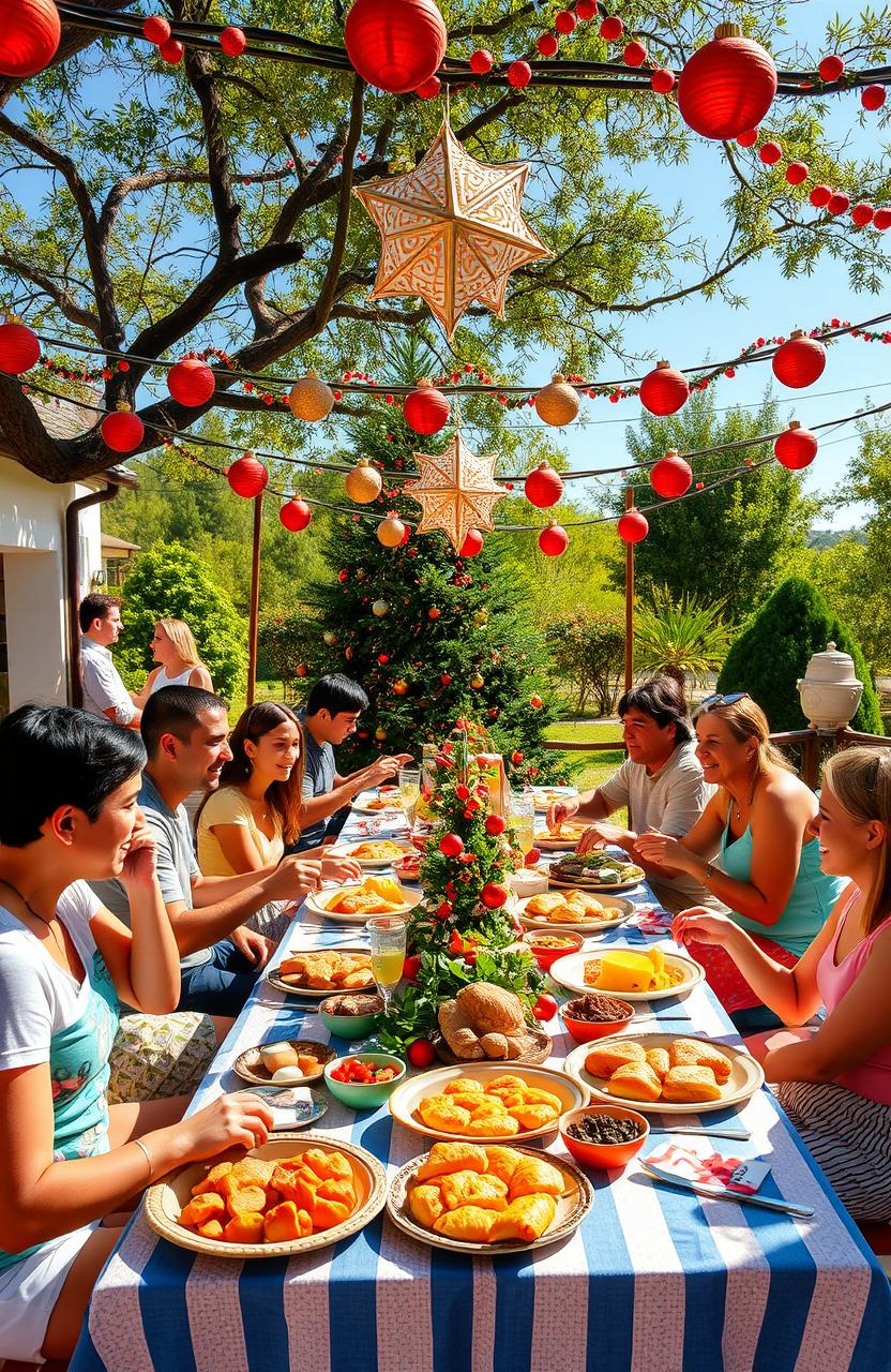 A vibrant Christmas celebration in Argentina, depicting a festive scene with families gathered together, enjoying traditional meals outdoors under a warm summer sun