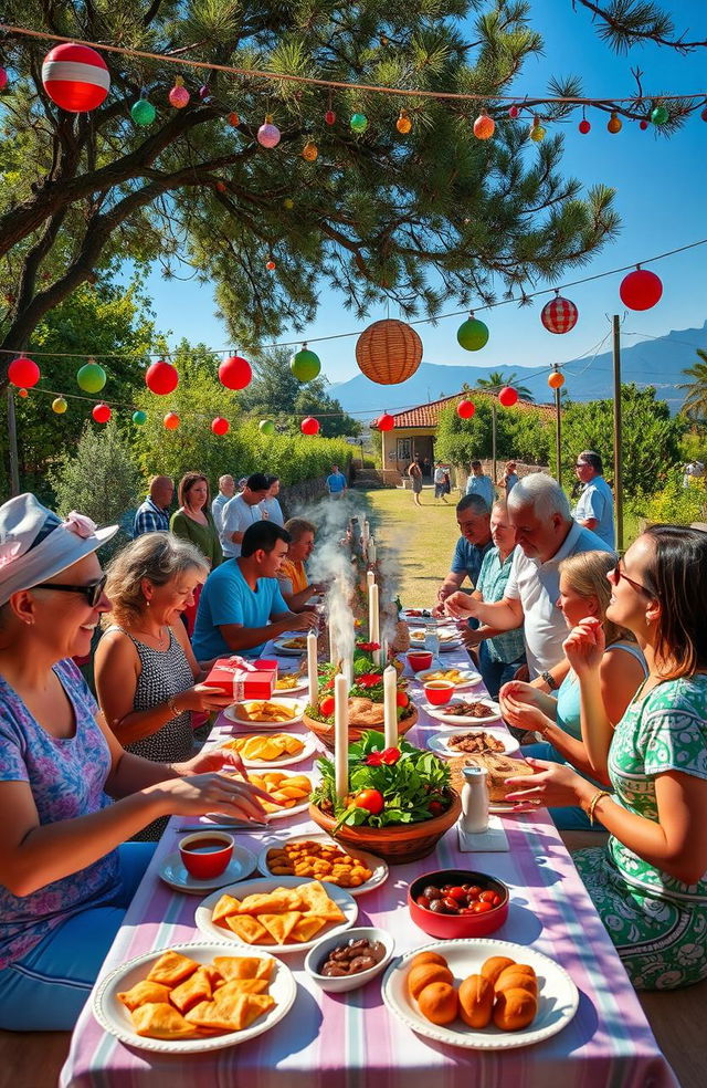 A vibrant Christmas celebration in Argentina, depicting a festive scene with families gathered together, enjoying traditional meals outdoors under a warm summer sun