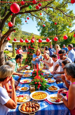 A vibrant Christmas celebration in Argentina, depicting a festive scene with families gathered together, enjoying traditional meals outdoors under a warm summer sun