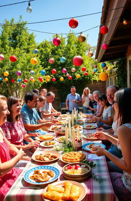 A vibrant Christmas celebration in Argentina, depicting a festive scene with families gathered together, enjoying traditional meals outdoors under a warm summer sun