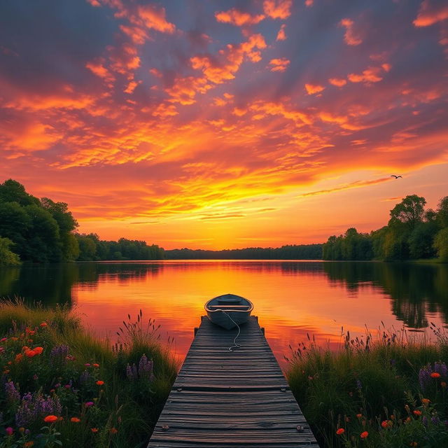 A serene landscape featuring a vast, vibrant sunset over a calm lake surrounded by lush, green trees and colorful wildflowers