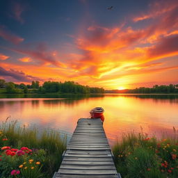 A serene landscape featuring a vast, vibrant sunset over a calm lake surrounded by lush, green trees and colorful wildflowers