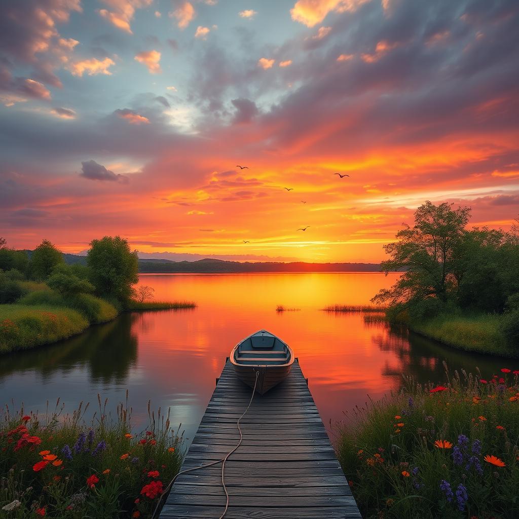 A serene landscape featuring a vast, vibrant sunset over a calm lake surrounded by lush, green trees and colorful wildflowers