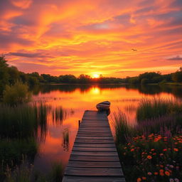 A serene landscape featuring a vast, vibrant sunset over a calm lake surrounded by lush, green trees and colorful wildflowers
