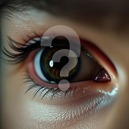 A close-up photograph of a single eye, featuring intricate details in the iris and eyelashes, with a large, bold question mark artistically overlaid on top of the eye