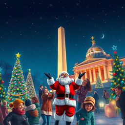 A digital art scene showcasing a Christmas celebration in Argentina, featuring iconic national landmarks such as the Obelisk and Casa Rosada adorned with colorful Christmas lights and decorations