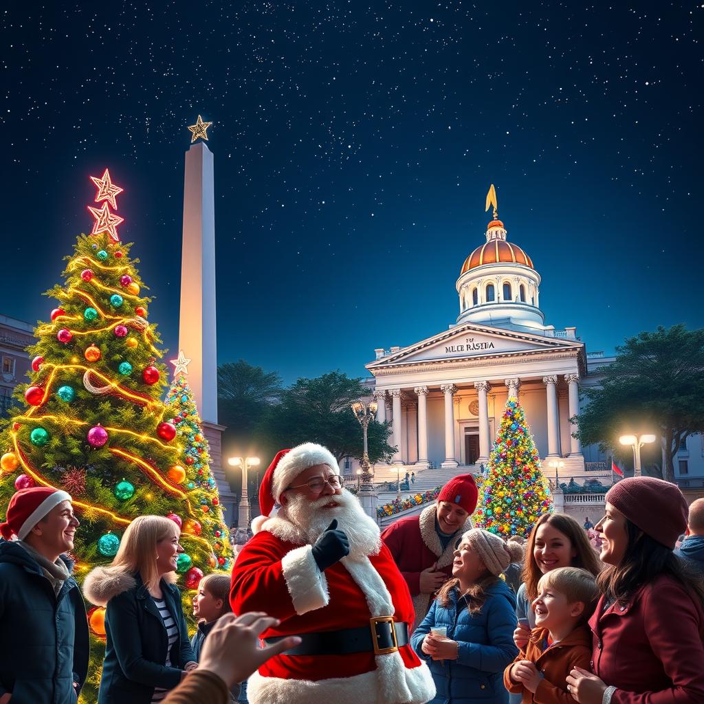 A digital art scene showcasing a Christmas celebration in Argentina, featuring iconic national landmarks such as the Obelisk and Casa Rosada adorned with colorful Christmas lights and decorations