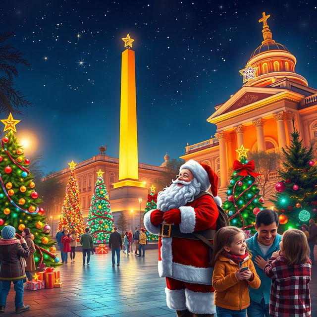 A digital art scene showcasing a Christmas celebration in Argentina, featuring iconic national landmarks such as the Obelisk and Casa Rosada adorned with colorful Christmas lights and decorations