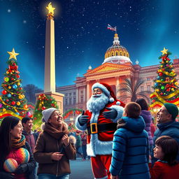 A digital art scene showcasing a Christmas celebration in Argentina, featuring iconic national landmarks such as the Obelisk and Casa Rosada adorned with colorful Christmas lights and decorations