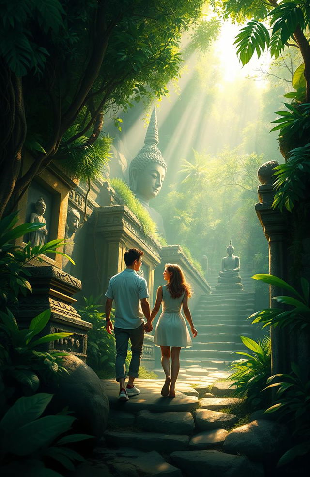 A digital painting depicting a romantic couple exploring a mysterious Buddha temple hidden deep within a lush jungle