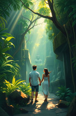 A digital painting depicting a romantic couple exploring a mysterious Buddha temple hidden deep within a lush jungle