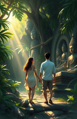 A digital painting depicting a romantic couple exploring a mysterious Buddha temple hidden deep within a lush jungle