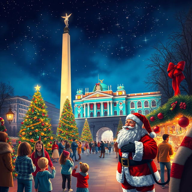 A vibrant digital art scene capturing Christmas in Argentina, prominently featuring national landmarks like the Obelisk and Casa Rosada beautifully illuminated with colorful Christmas lights and decorations