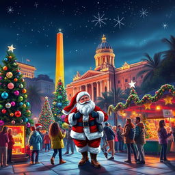 A vibrant digital art scene capturing Christmas in Argentina, prominently featuring national landmarks like the Obelisk and Casa Rosada beautifully illuminated with colorful Christmas lights and decorations