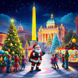 A vibrant digital art scene capturing Christmas in Argentina, prominently featuring national landmarks like the Obelisk and Casa Rosada beautifully illuminated with colorful Christmas lights and decorations