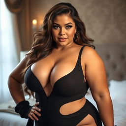 A voluptuous adult film star posing confidently, showcasing her curvy figure
