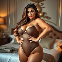 A voluptuous adult film star posing confidently, showcasing her curvy figure