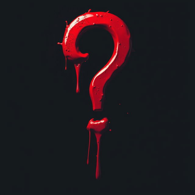 A vivid and striking image featuring a large red question mark that appears to be dripping with blood, creating an intense and dramatic effect