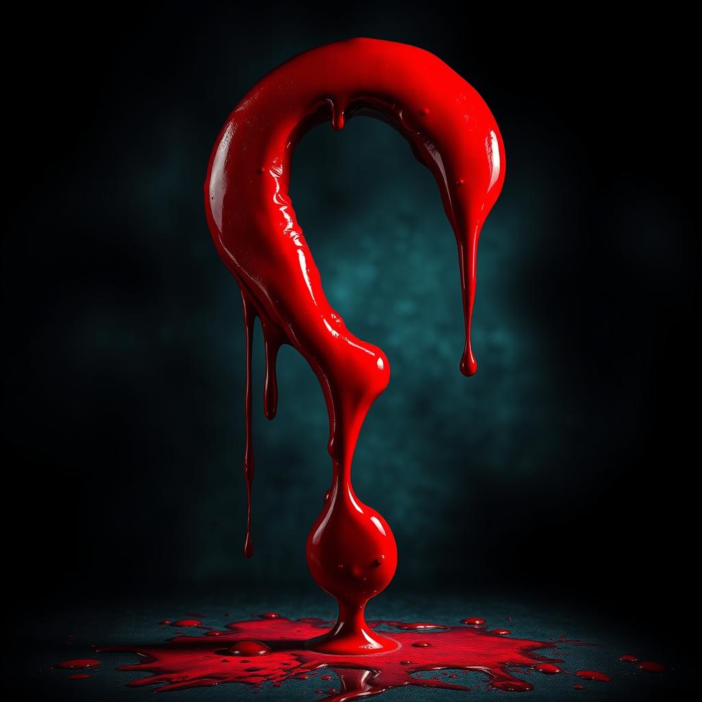 A vivid and striking image featuring a large red question mark that appears to be dripping with blood, creating an intense and dramatic effect