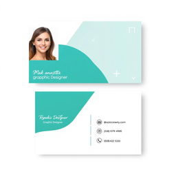 A professional business card design for a female graphic designer, featuring her photo prominently on one side