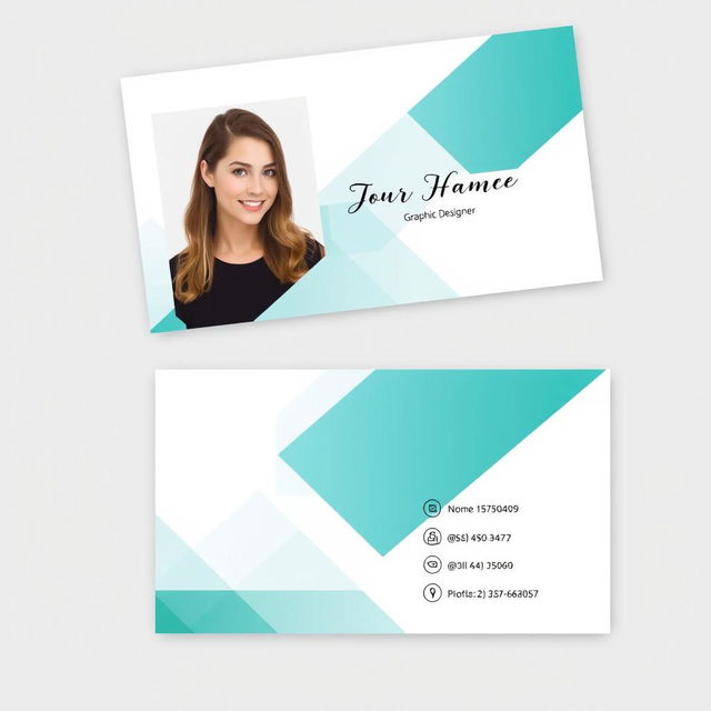 A professional business card design for a female graphic designer, featuring her photo prominently on one side