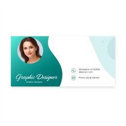 A professional business card design for a female graphic designer, featuring her photo prominently on one side
