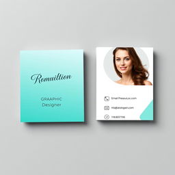 A professional business card design for a female graphic designer, featuring her photo prominently on one side